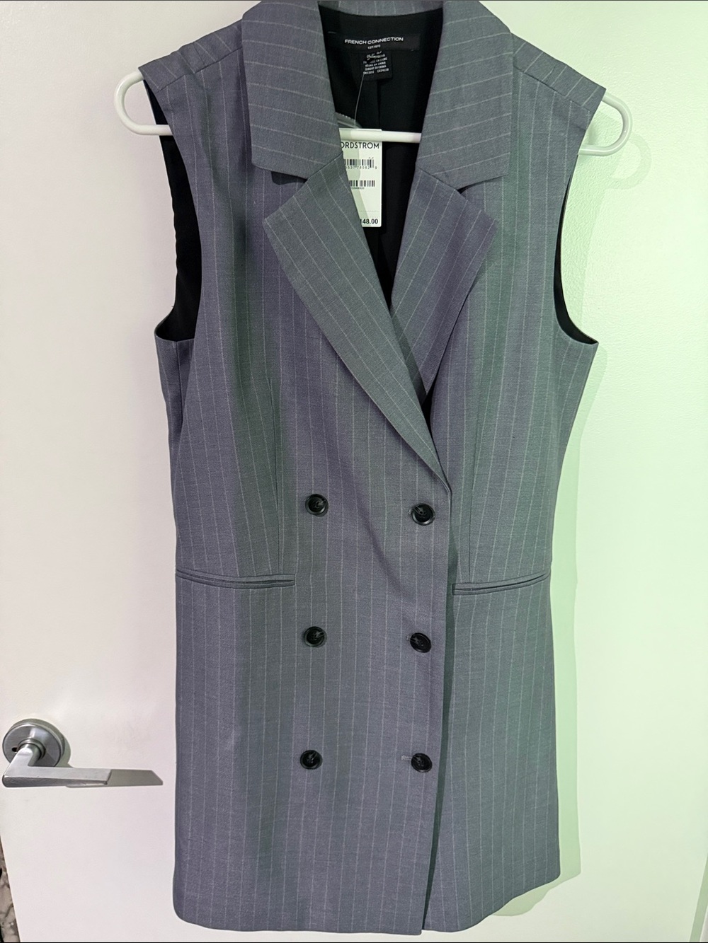 French Connection Gray Pinstripe Sleeveless Double-Breasted Vest Dress